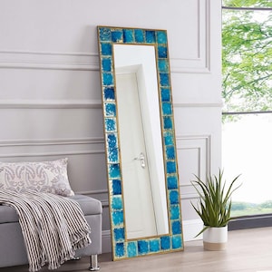 Handmade Blue Tile Ceramic Stone Large Pier Glass Mirror - Home Decor Wall Hanging Mirror - Bohemian Style Wall Decor Mirror