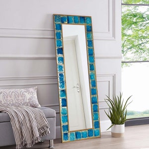 Handmade Blue Tile Ceramic Stone Large Pier Glass Mirror - Home Decor Wall Hanging Mirror - Bohemian Style Wall Decor Mirror