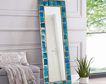 Handmade Blue Tile Ceramic Stone Large Pier Glass Mirror - Home Decor Wall Hanging Mirror - Bohemian Style Wall Decor Mirror