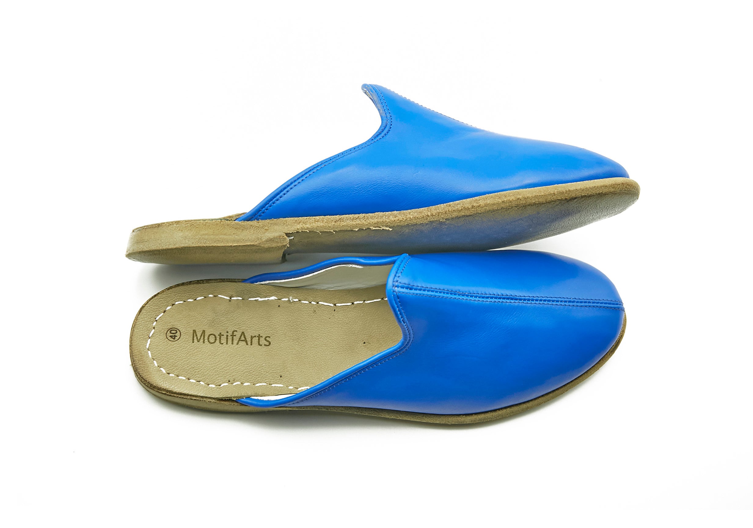 Blue Leather Turkish Slippers: Handmade Women's Slip-Ons
