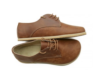 Women's Handmade Barefoot Tan Oxford Shoes - Zero Drop Sole Leather Daily Comfy Shoes - Grounding Tie Shoes - Gift for Her