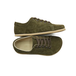 Handmade Suede Barefoot Sneakers: Green Leather Zero Drop Shoes