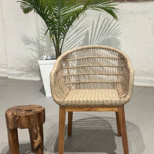 Natural Walnut Bodrum Chair - Living Room Chair - Indoor Decorative Chair - Outdoor Teak Frame Chair - Rattan Rope Broaded Back Chair