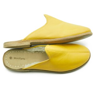 Men&#39;s Yellow Color Shearling Slippers , Trendy Slip-Ons , Handmade Leather Slip-Ons , Organic Slippers , Zero Drop Sole Slippers