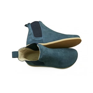 Women&#39;s Barefoot Nubuk Blue Chelsea Boots - Modern Handmade Ankle Boots - Zero Drop Leather Boots - Gift for Her