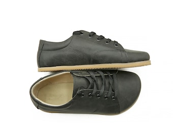 Handmade Leather Barefoot Sneakers: Asphalt Black Zero Drop Shoes
