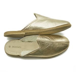 Men&#39;s Gold Color Shearling Slippers , Trendy Slip-Ons , Handmade Leather Slip-Ons , Organic Slippers , Zero Drop Sole Slippers