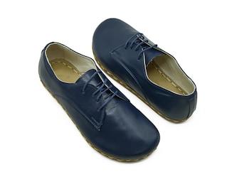 Men's Handmade Barefoot Navy Blue Oxford Shoes - Zero Drop Sole Leather Daily Comfy Shoes