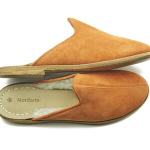Men&#39;s Orange Color Shearling Slippers , Trendy Slip-Ons , Handmade Leather Slip-Ons , Organic Slippers , Zero Drop Sole Slippers
