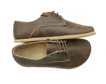 Handgefertigte Braune Leder Oxford Schuhe: Damen Zero Drop Barfußschuhe