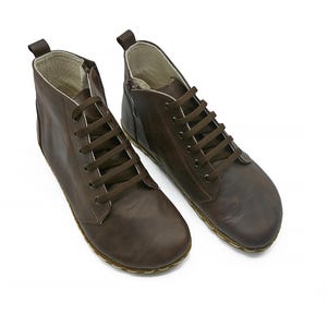 Men&#39;s Handmade Barefoot Brown Leather Ankle Boots With Zipper - Daily Wear Comfy Winter Tie Booty - Wide Toe Box Boots - Zero Drop Boots