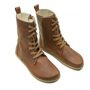 Men&#39;s Barefoot Long Tan Tie Boots - Handmade Organic Winter Boots With Zipper - Sustainable Leather Zero Drop Boots - Travel Boots