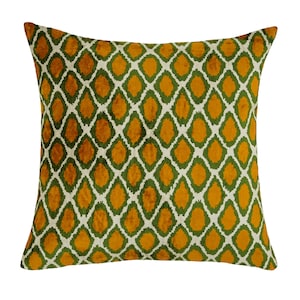 Velvet Cushion Cover / Silk Ikat Throw Pillow / 19 Inches Green Square Cushion / Decorative Pillow Cover / Handwoven Living Room Decor