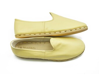 Handmade Leather Loafer Shoes: Lemon Yellow Slip-Ons, Zero Sole