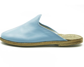 Handmade Organic Leather Yemeni Slippers: Baby Blue Slip-Ons