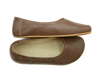 Handmade Leather Barefoot Ballerinas: Dark Brown Zero Drop Slip-Ons