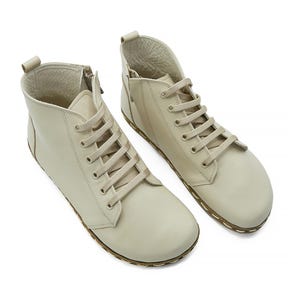 Men&#39;s Handmade Barefoot Cream Leather Ankle Boots With Zipper - Daily Wear Comfy Winter Tie Booty - Wide Toe Box Boots - Zero Drop Boots
