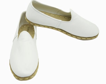 Handmade Turkish Leather Loafers, Men&#39;s Natural Slip-Ons, White Yemeni Shoes, Barefoot Shoes , Traditional Shoes , Gift for Him