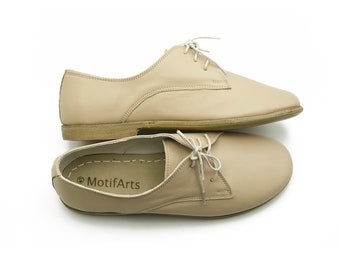 Handmade Turkish Leather Oxford Shoes: Beige Yemeni Style