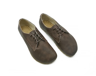 Men's Handmade Barefoot Brown Oxford Shoes - Zero Drop Sole Leather Daily Comfy Shoes