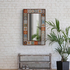 Handmade Ethnic Tile Ceramic Stone Mirror - Home Decor Wall Hanging Mirror - Bohemian Style Wall Decor Mirror