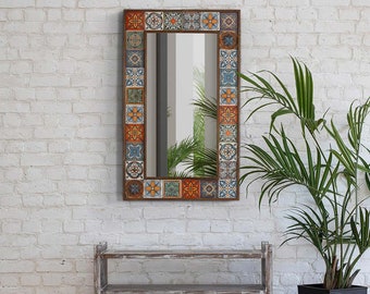 Handmade Ethnic Tile Ceramic Stone Mirror - Home Decor Wall Hanging Mirror - Bohemian Style Wall Decor Mirror