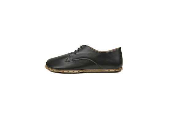 Women's Handmade Barefoot Black Oxford Shoes - Zero Drop Sole Leather Daily Comfy Shoes