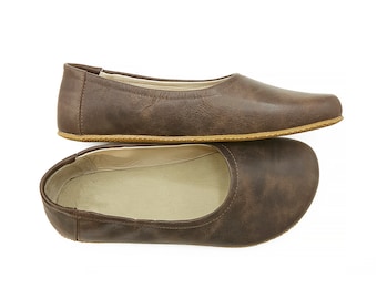 Handmade Leather Barefoot Ballerinas: Dark Brown Zero Drop Slip-Ons