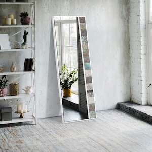 Decorative Pier Glass Mirror - Gray Travertine Tile Stone Mirror - Handmade Wall Decor Mirror - 19.6 x 50 Inches Large Size Mirror