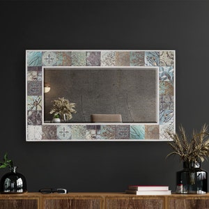 Handmade Ethnic Blue Tile Ceramic Stone Medium Length Mirror - Home Decor Wall Hanging Mirror - Bohemian Style Wall Decor Mirror