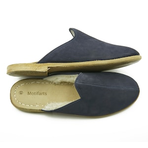 Men&#39;s Blue Color Shearling Slippers , Trendy Slip-Ons , Handmade Leather Slip-Ons , Organic Slippers , Zero Drop Sole Slippers