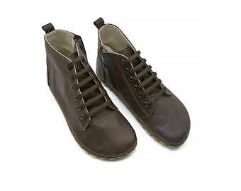 Women's Brown Leather Barefoot Boots: Handmade Ankle Tie Winter Boots