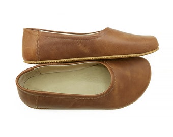 Women's Handmade Barefoot Flat Ballerinas - Tan Zero Drop Sole Shoes - Daily Use Comfy Slip-Ons - Earthing Flat Ballet Shoes