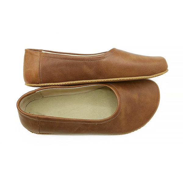 Women's Handmade Barefoot Flat Ballerinas - Tan Zero Drop Sole Shoes - Daily Use Comfy Slip-Ons - Earthing Flat Ballet Shoes