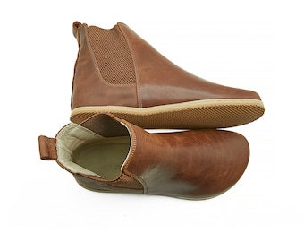 Handgefertigte Barfuß-Chelsea-Stiefel aus hellbraunem Leder für Herren: Breiter Zeh, Zero Drop