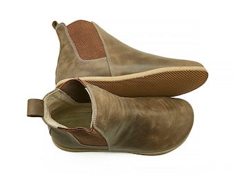 Men&#39;s Handmade Barefoot Gray Leather Chelsea Boots - Daily Wear Comfy Boots - Wide Toe Box Ankle Boots - Zero Drop Sole Boots