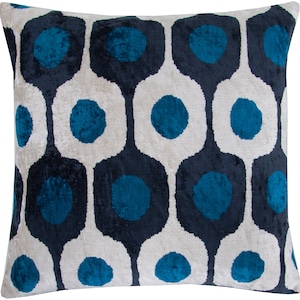 Velvet Cushion Cover / Silk Ikat Throw Pillow / 19 Inches Blue Square Cushion / Decorative Pillow Cover / Handwoven Living Room Decor
