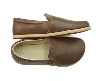 Women's Handmade Barefoot Leather Brown Yemeni Shoes - Zero Drop Sole Slip-Ons - Daily Use Comfy Wide Toe Box Shoes