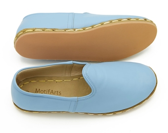 Herren Handgefertigte Bio-Leder Loafers: Himmelblaue türkische Schuhe