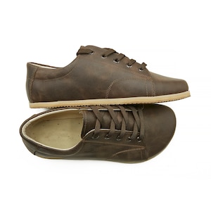 Women&#39;s Handmade Barefoot Brown Leather Sneakers - Daily Wear Comfy Sneakers - Wide Toe Box Sneakers - Zero Drop Sole Sneakers