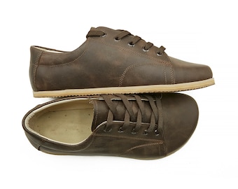 Men's Handmade Brown Leather Barefoot Sneakers: Wide Toe Box, Zero Drop