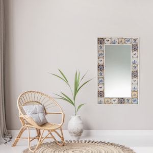 Handmade Ethnic Tile Ceramic Stone Mirror - Home Decor Wall Hanging Mirror - Bohemian Style Wall Decor Mirror