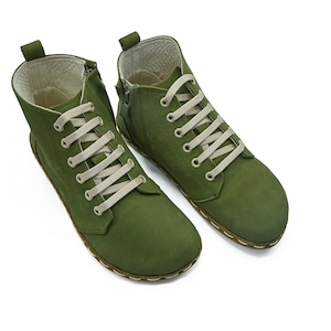 Women&#39;s Barefoot Tie Nubuck Green Ankle Boots - Wide Toe Box Leather Sole Handmade Boots - Gift For Her - Daily Basis Use Winter Boots