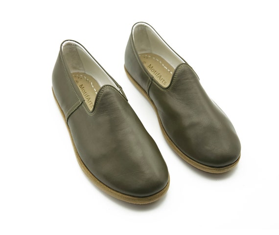 Handmade Leather Mens Slip-Ons: Wide Toe Box, Khaki Green Turkish Shoes