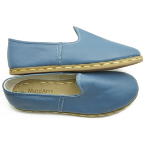 Blue Color Yemeni Shoes , Women&#39;s Shoes , Turkish Handmade Leather Slippers , Barefoot Shoes , Gift For Her, Boho Shoes, Travel Shoes