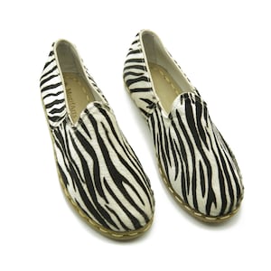 Zebra Yemeni Shoes , Women&#39;s Shoes , Turkish Handmade Leather Slippers , Barefoot Shoes , Gift For Her, Boho Shoes, Travel Shoes