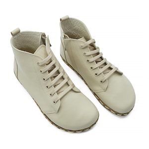 Women&#39;s Barefoot Tie Beige Ankle Boots - Wide Toe Box Leather Sole Handmade Boots - Gift For Her - Daily Basis Use Winter Boots