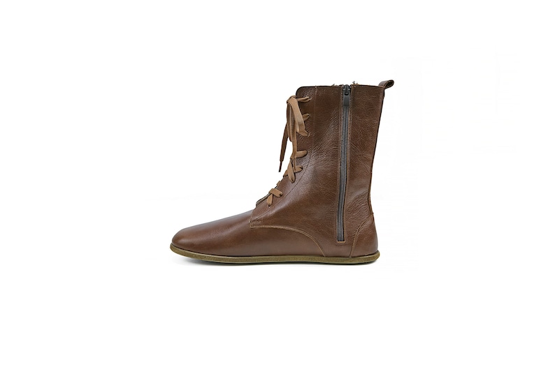 May include: Brown leather ankle boots with a lace-up front and a side zipper. The boots have a flat sole.