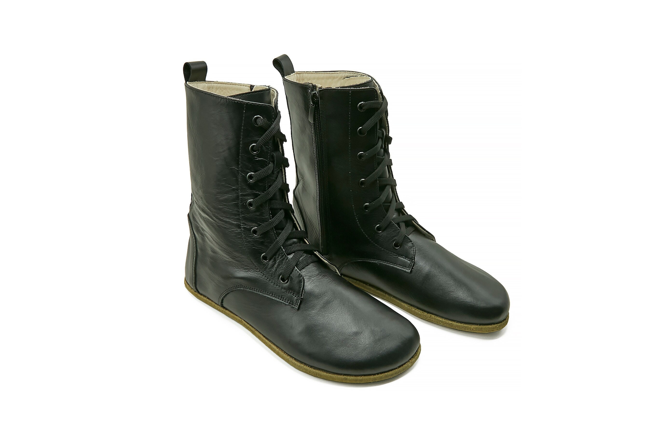Handmade Leather Barefoot Boots: Long Black Winter Tie Boots