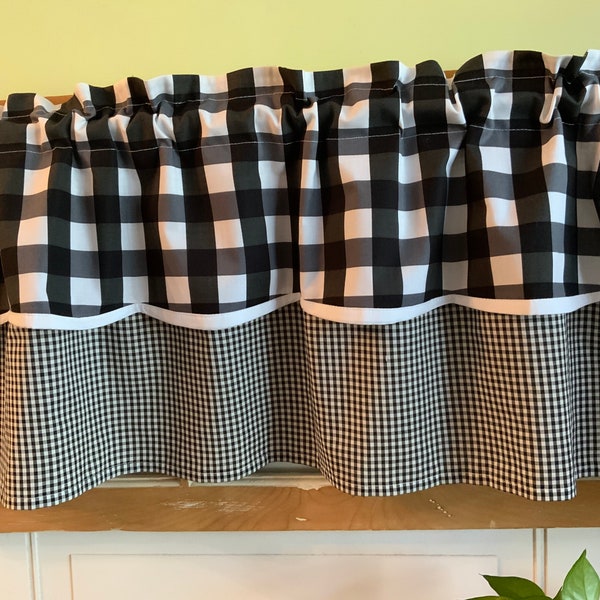 Black white plaid double layered scalloped valance.